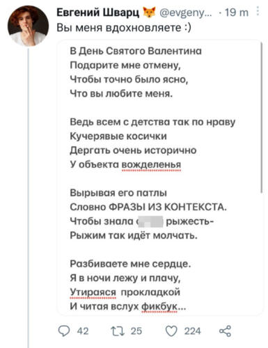 Евгений Шварц разозлил Сеть стихами про "отмену". Высмеял критику высказываний про женскую гигиену