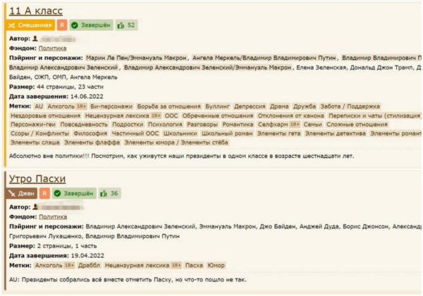 Как политика захватила мир фанфиков. Авторы делают главными героями Макрона, Путина и Зеленского