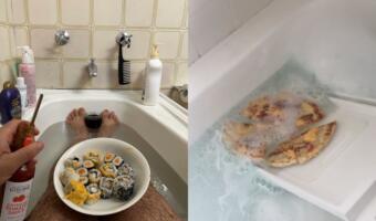 Люди из сообщества Bath Foods едят в ванных. Им не стыдно мыться и перекусывать наггетсами одновременно